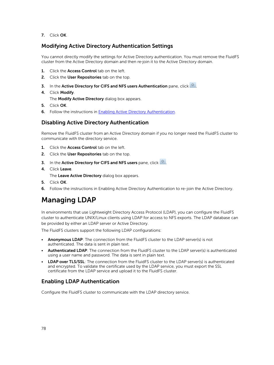 Modifying active directory authentication settings, Disabling active directory authentication, Managing ldap | Enabling ldap authentication | Dell PowerVault NX3500 User Manual | Page 78 / 189