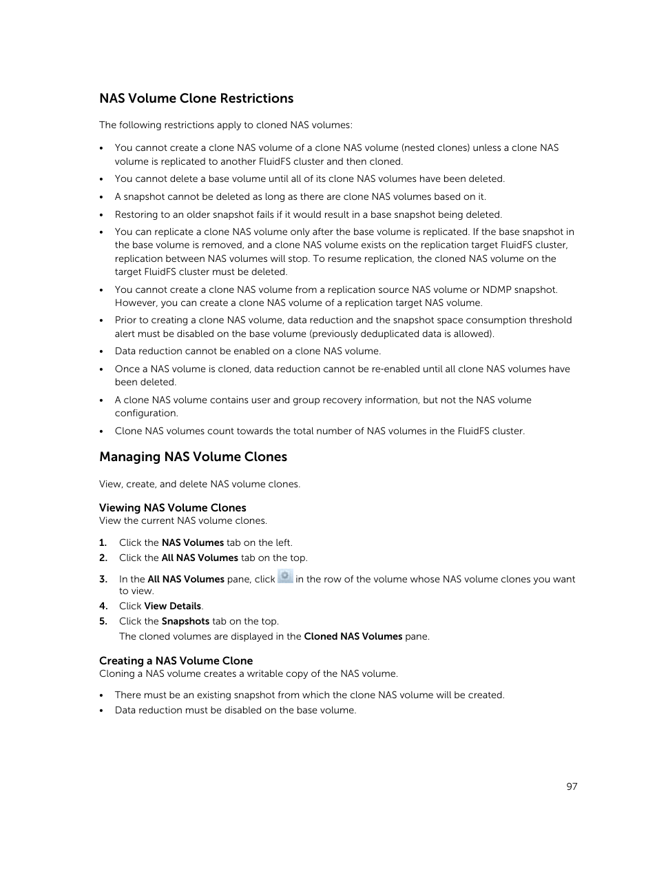 Nas volume clone restrictions, Managing nas volume clones | Dell PowerVault NX3500 User Manual | Page 97 / 189