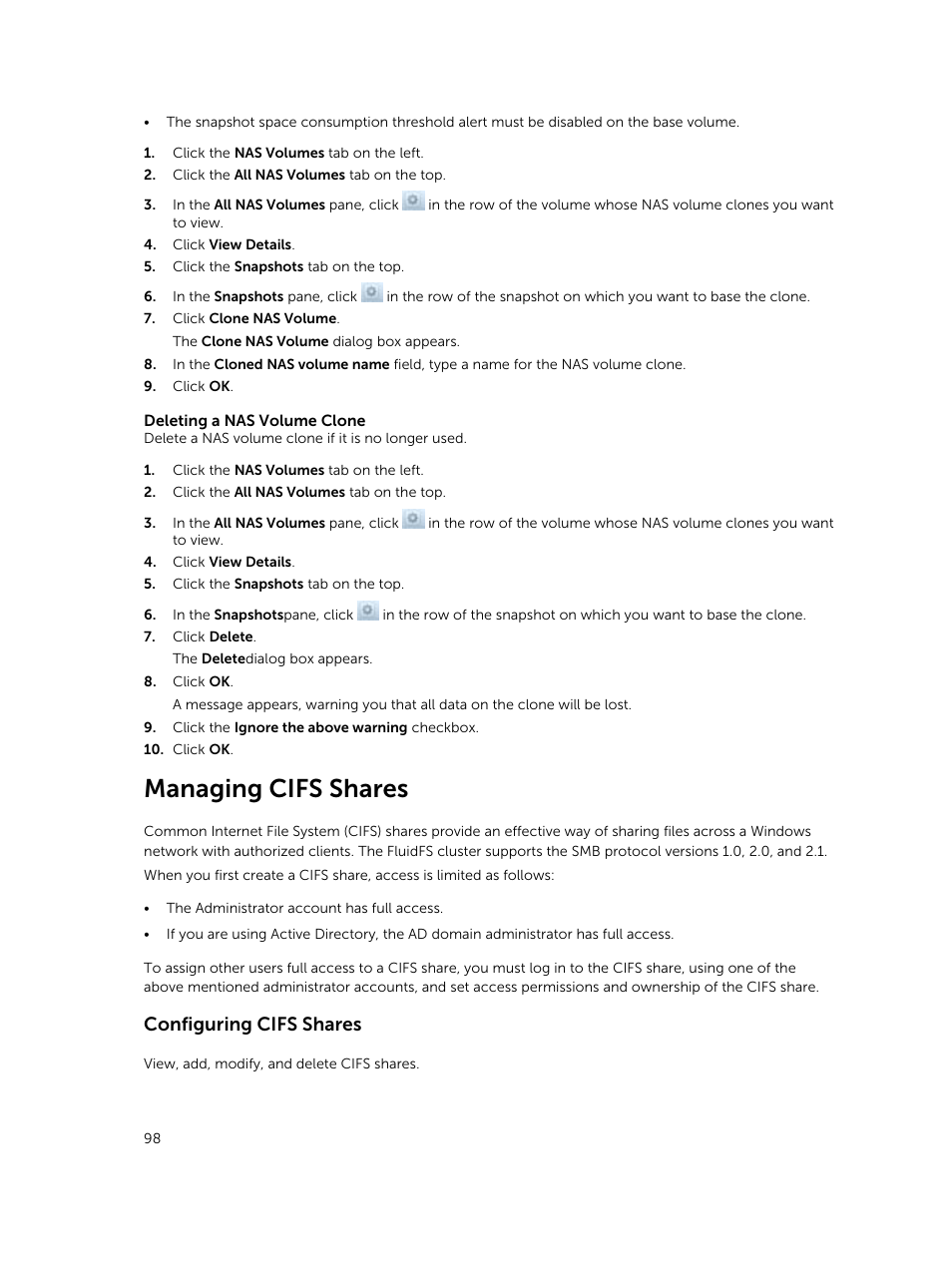 Managing cifs shares, Configuring cifs shares | Dell PowerVault NX3500 User Manual | Page 98 / 189