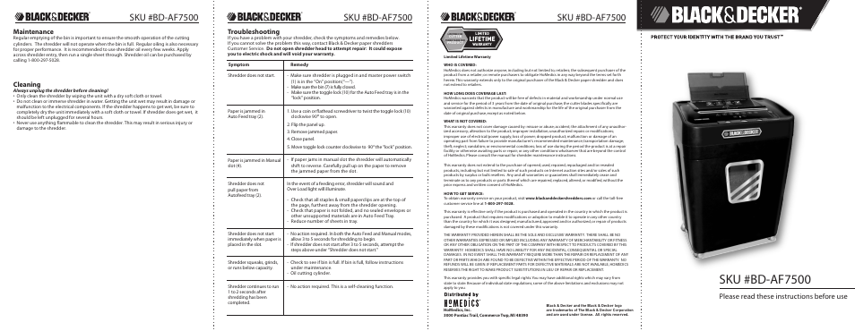 Black & Decker Black and Decker SKU #80-AF7500 User Manual | 2 pages