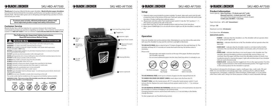 Sku #bd-af7500, Setup, Operation | Customer service, Product information | Black & Decker Black and Decker SKU #80-AF7500 User Manual | Page 2 / 2