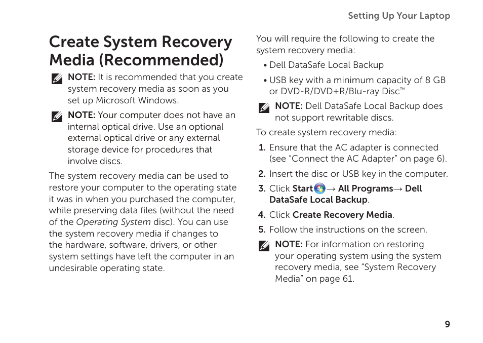 Create system recovery media (recommended) | Dell Inspiron Mini Duo (1090, Late 2010) User Manual | Page 11 / 88