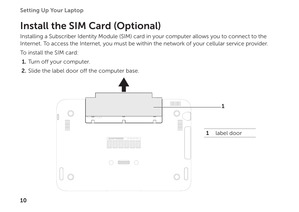 Install the sim card (optional) | Dell Inspiron Mini Duo (1090, Late 2010) User Manual | Page 12 / 88