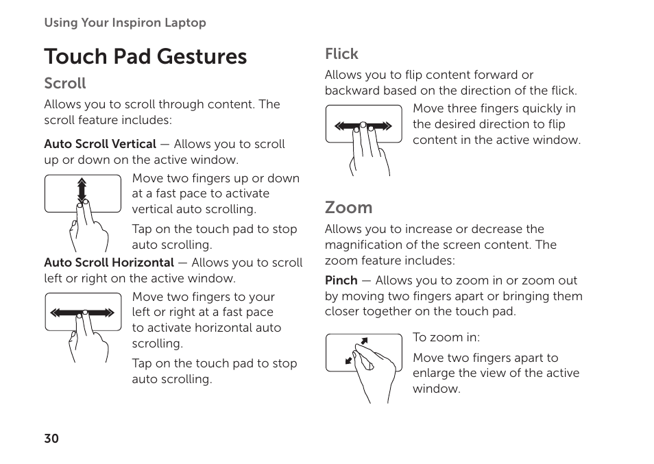 Touch pad gestures, Zoom | Dell Inspiron Mini Duo (1090, Late 2010) User Manual | Page 32 / 88