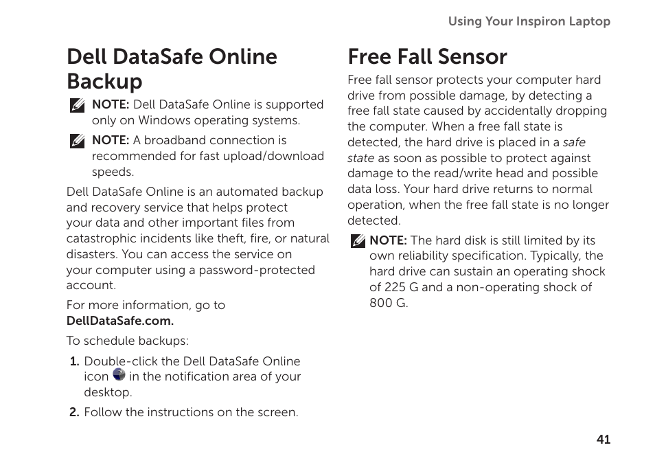 Dell datasafe online backup, Free fall sensor, Dell datasafe online backup free fall sensor | Dell Inspiron Mini Duo (1090, Late 2010) User Manual | Page 43 / 88