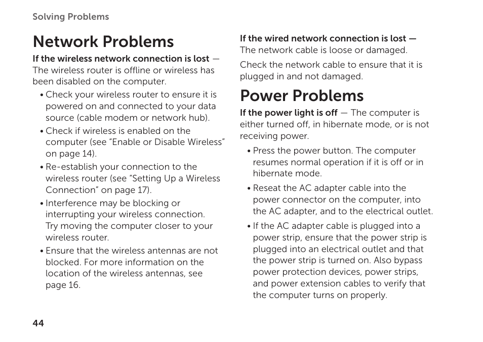 Network problems, Power problems, Network problems power problems | Dell Inspiron Mini Duo (1090, Late 2010) User Manual | Page 46 / 88