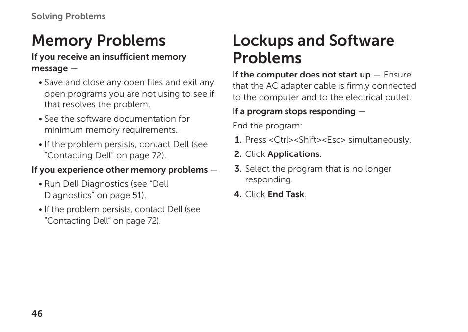 Memory problems, Lockups and software problems, Memory problems lockups and software problems | Dell Inspiron Mini Duo (1090, Late 2010) User Manual | Page 48 / 88