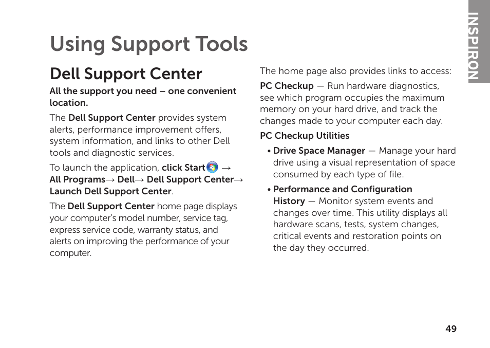 Using support tools, Dell support center, Inspiron | Dell Inspiron Mini Duo (1090, Late 2010) User Manual | Page 51 / 88