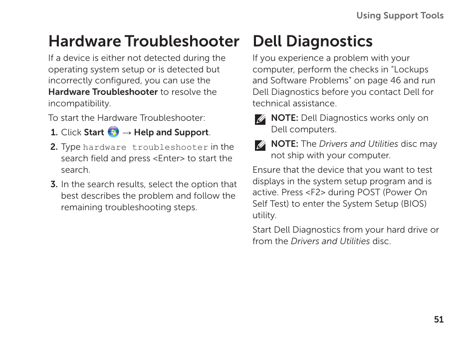 Hardware troubleshooter, Dell diagnostics, Hardware troubleshooter dell diagnostics | Dell Inspiron Mini Duo (1090, Late 2010) User Manual | Page 53 / 88