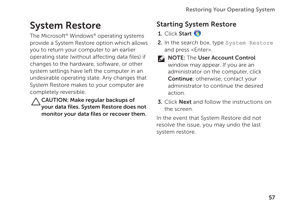 System restore, Starting system restore | Dell Inspiron Mini Duo (1090, Late 2010) User Manual | Page 59 / 88