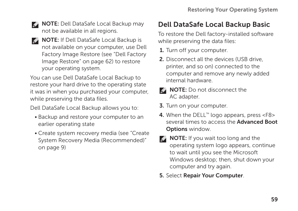 Dell datasafe local backup basic | Dell Inspiron Mini Duo (1090, Late 2010) User Manual | Page 61 / 88