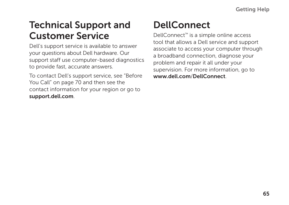 Technical support and customer service, Dellconnect, Technical support and customer service dellconnect | Dell Inspiron Mini Duo (1090, Late 2010) User Manual | Page 67 / 88