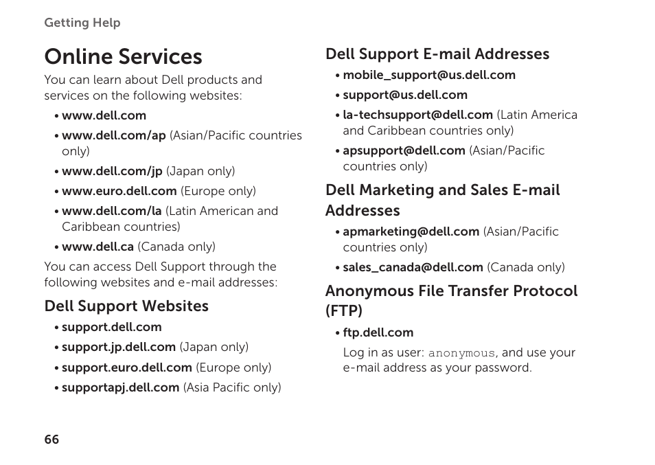 Online services, Dell support websites, Dell support e-mail addresses | Dell marketing and sales e-mail addresses, Anonymous file transfer protocol (ftp) | Dell Inspiron Mini Duo (1090, Late 2010) User Manual | Page 68 / 88