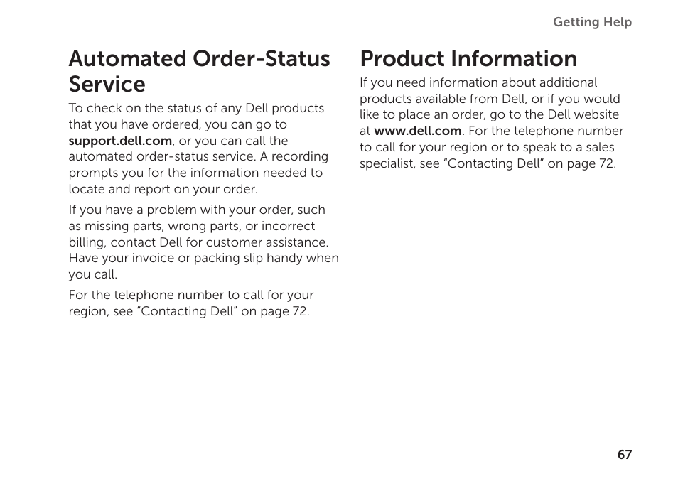 Automated order-status service, Product information, Automated order-status service product information | Dell Inspiron Mini Duo (1090, Late 2010) User Manual | Page 69 / 88