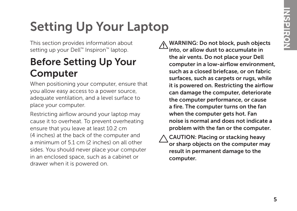 Setting up your laptop, Before setting up your computer, Inspiron | Dell Inspiron Mini Duo (1090, Late 2010) User Manual | Page 7 / 88