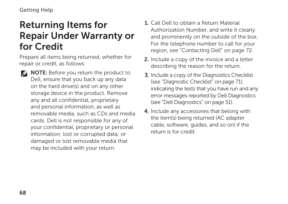 Returning items for repair under, Warranty or for credit | Dell Inspiron Mini Duo (1090, Late 2010) User Manual | Page 70 / 88