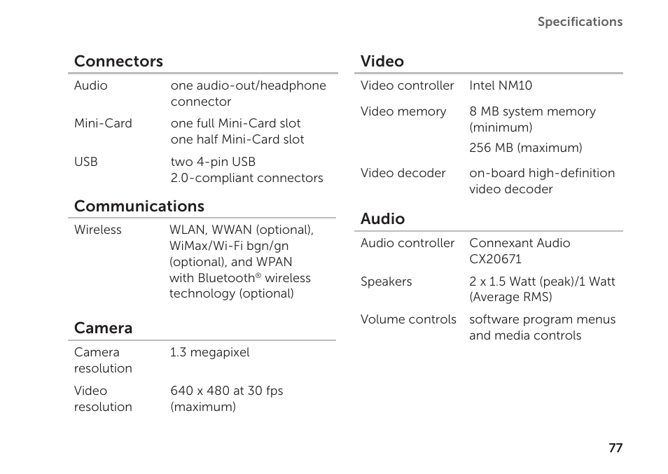 Connectors, Communications, Camera | Video, Audio | Dell Inspiron Mini Duo (1090, Late 2010) User Manual | Page 79 / 88