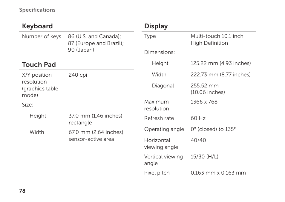 Keyboard, Touch pad, Display | Dell Inspiron Mini Duo (1090, Late 2010) User Manual | Page 80 / 88