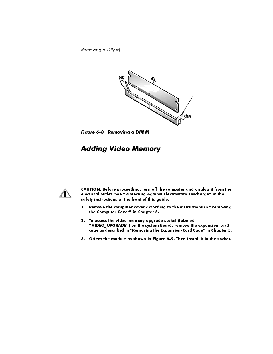 Removing a dimm, Adding video memory, Removing a dimm -10 | Adding video memory -10, Figure 6-8, Gglqj9lghr0hpru | Dell OptiPlex E1 User Manual | Page 100 / 157