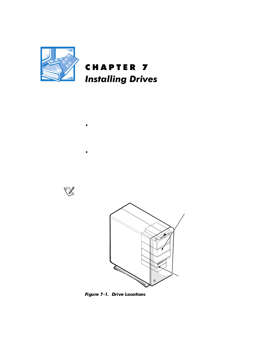 Installing drives, Kdswhu, Qvwdoolqj'ulyhv | Figure 7-1, Drive locations -1 | Dell OptiPlex E1 User Manual | Page 105 / 157