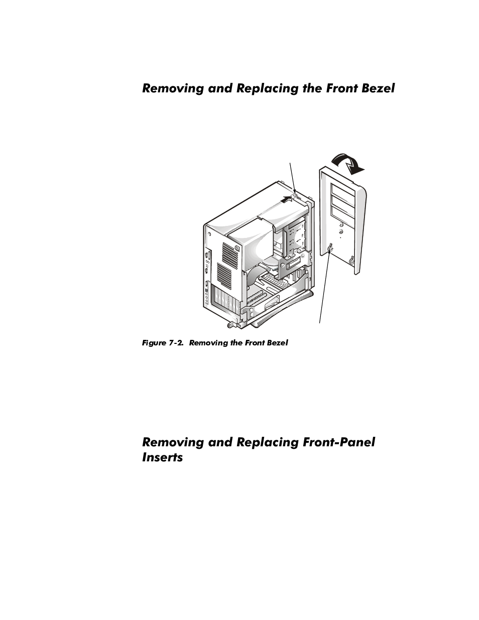 Removing and replacing the front bezel, Removing and replacing front-panel inserts, Removing and replacing the front bezel -2 | Removing and replacing front-panel inserts -2, Figure 7-2, Removing the front bezel -2, 5hprylqjdqg5hsodflqjwkh)urqw%h]ho, 5hprylqjdqg5hsodflqj)urqw3dqho ,qvhuwv | Dell OptiPlex E1 User Manual | Page 106 / 157