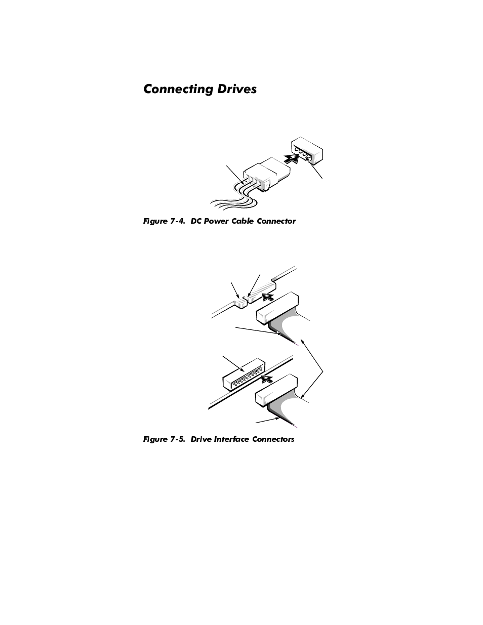 Connecting drives, Connecting drives -4, Figure 7-4 | Dc power cable connector -4, Figure 7-5, Drive interface connectors -4, Rqqhfwlqj'ulyhv | Dell OptiPlex E1 User Manual | Page 108 / 157