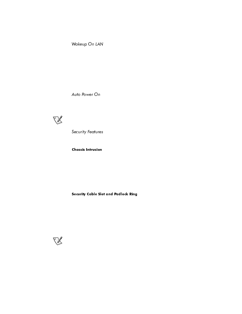 Wakeup on lan, Auto power on, Security features | Wakeup on lan -8, Auto power on -8, Security features -8 | Dell OptiPlex E1 User Manual | Page 24 / 157