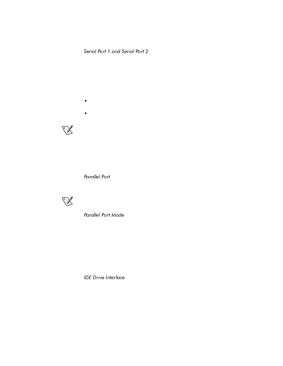 Serial port 1 and serial port 2, Parallel port, Parallel port mode | Ide drive interface, Serial port 1 and serial port 2 -10, Parallel port -10, Parallel port mode -10, Ide drive interface -10 | Dell OptiPlex E1 User Manual | Page 38 / 157