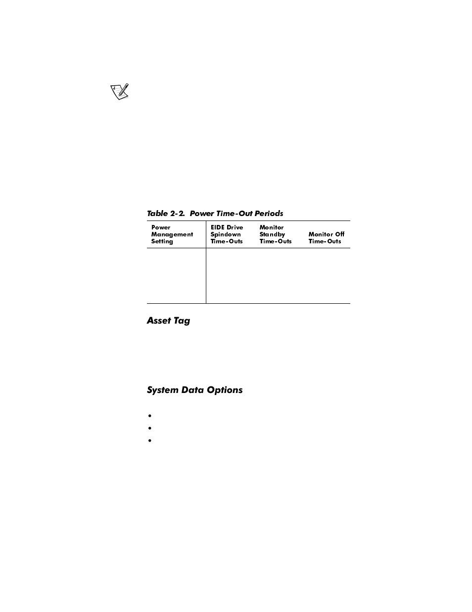 Asset tag, System data options, Asset tag -15 | System data options -15, Table 2-2, Power time-out periods -15, Vvhw7dj, 6\vwhp'dwd2swlrqv | Dell OptiPlex E1 User Manual | Page 43 / 157