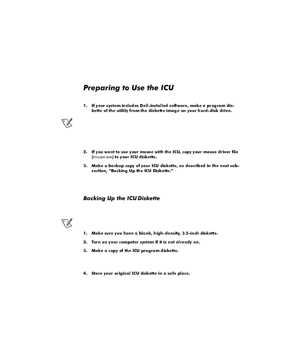 Preparing to use the icu, Backing up the icu diskette, Preparing to use the icu -4 | Backing up the icu diskette -4, 3uhsdulqjwr8vhwkh,&8 | Dell OptiPlex E1 User Manual | Page 54 / 157