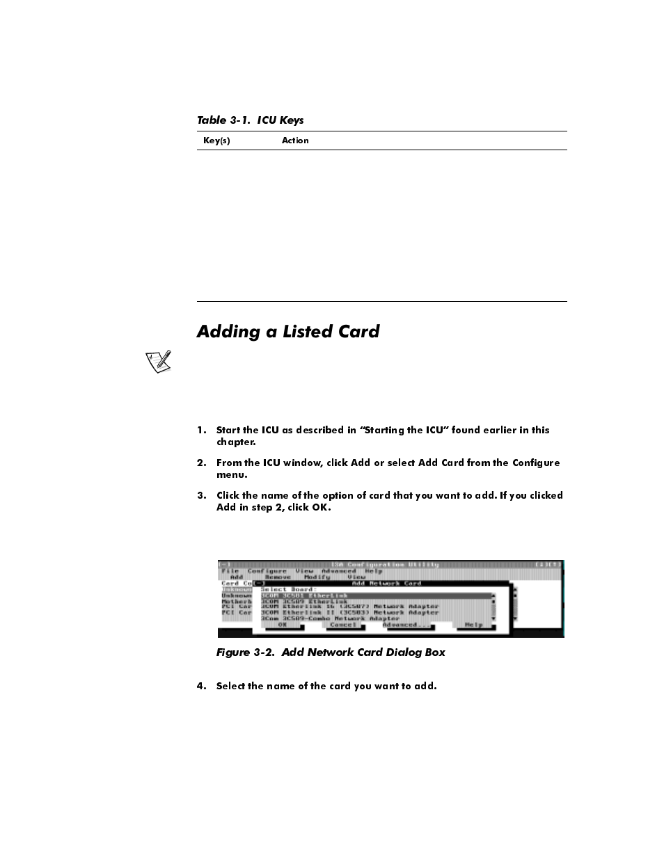 Adding a listed card, Adding a listed card -6, Figure 3-2 | Add network card dialog box -6, Table 3-1, Icu keys -6, Gglqjd/lvwhg&dug | Dell OptiPlex E1 User Manual | Page 56 / 157