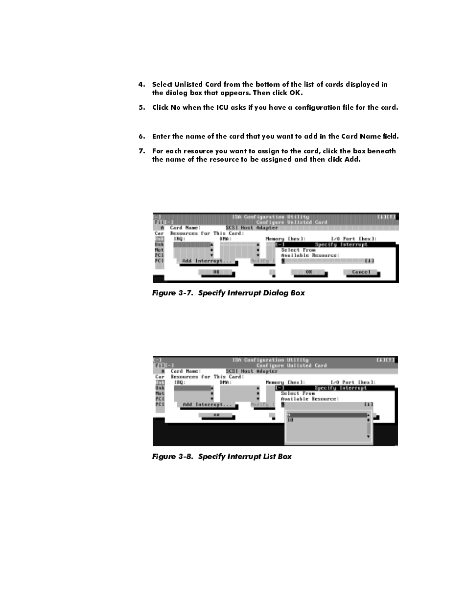 Figure 3-7, Specify interrupt dialog box -10, Figure 3-8 | Specify interrupt list box -10 | Dell OptiPlex E1 User Manual | Page 60 / 157