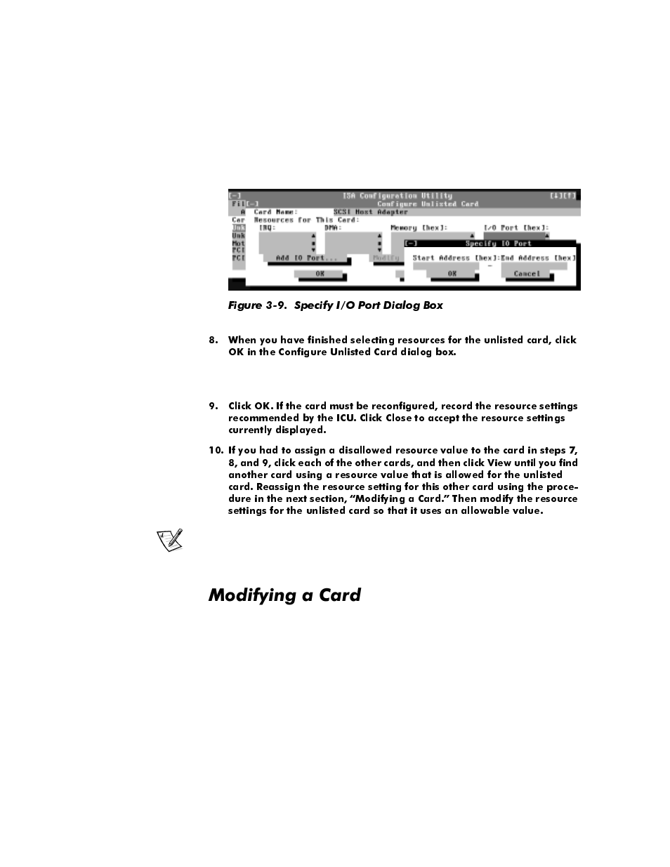 Modifying a card, Modifying a card -11, Figure 3-9 | Specify i/o port dialog box -11, 0rgli\lqjd&dug | Dell OptiPlex E1 User Manual | Page 61 / 157