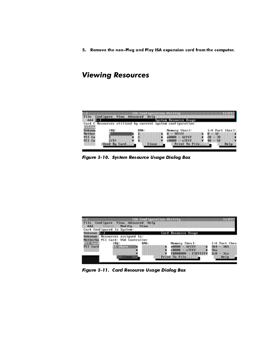 Viewing resources, Viewing resources -14, Figure 3-10. system resource usage dialog box -14 | Figure 3-11. card resource usage dialog box -14, 9lhzlqj5hvrxufhv | Dell OptiPlex E1 User Manual | Page 64 / 157