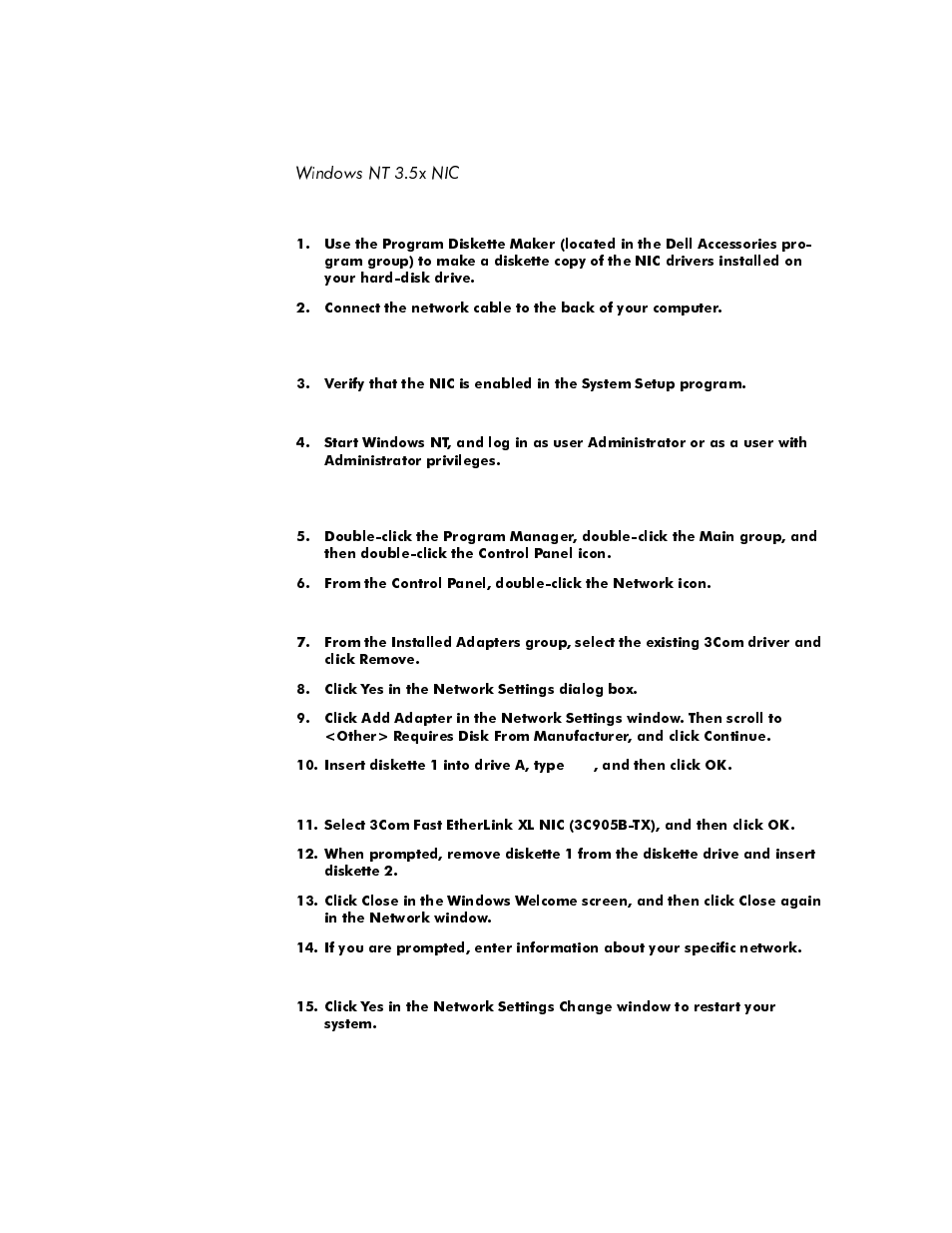 Windows nt 3.5x nic, Windows nt 3.5 | Dell OptiPlex E1 User Manual | Page 71 / 157