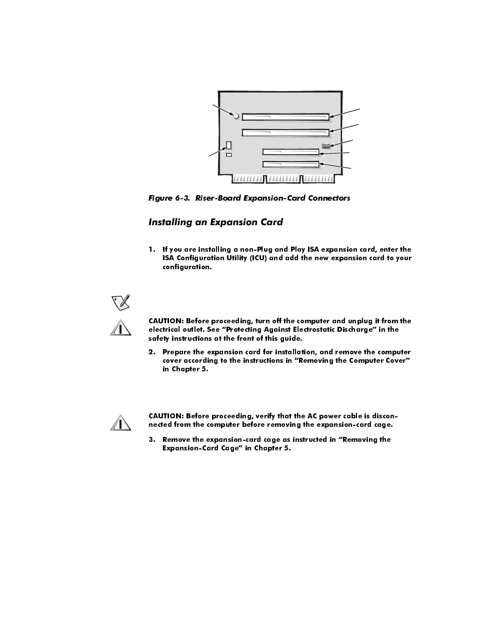 Installing an expansion card, Installing an expansion card -3, Figure 6-3 | Riser-board expansion-card connectors -3, Qvwdoolqjdq([sdqvlrq&dug | Dell OptiPlex E1 User Manual | Page 93 / 157