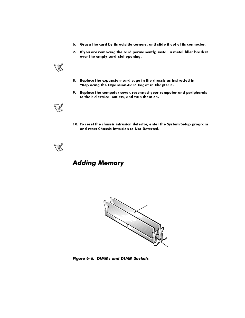 Adding memory, Adding memory -6, Figure 6-6 | Dimms and dimm sockets -6, Gglqj0hpru | Dell OptiPlex E1 User Manual | Page 96 / 157