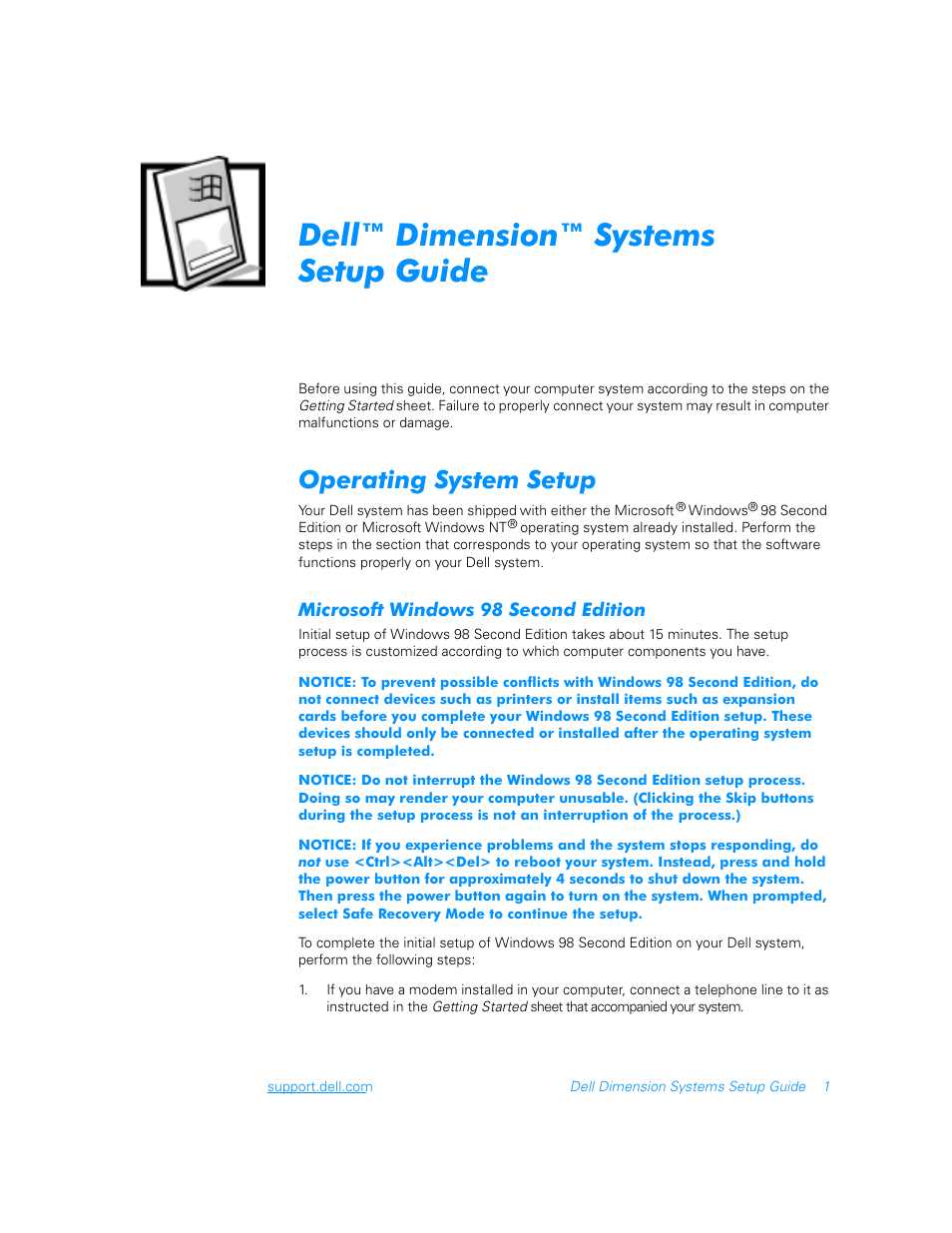 Hoo'lphqvlrq6\vwhpv 6hwxs*xlgh, 2shudwlqj6\vwhp6hwxs | Dell Dimension XPS T___ User Manual | Page 3 / 12