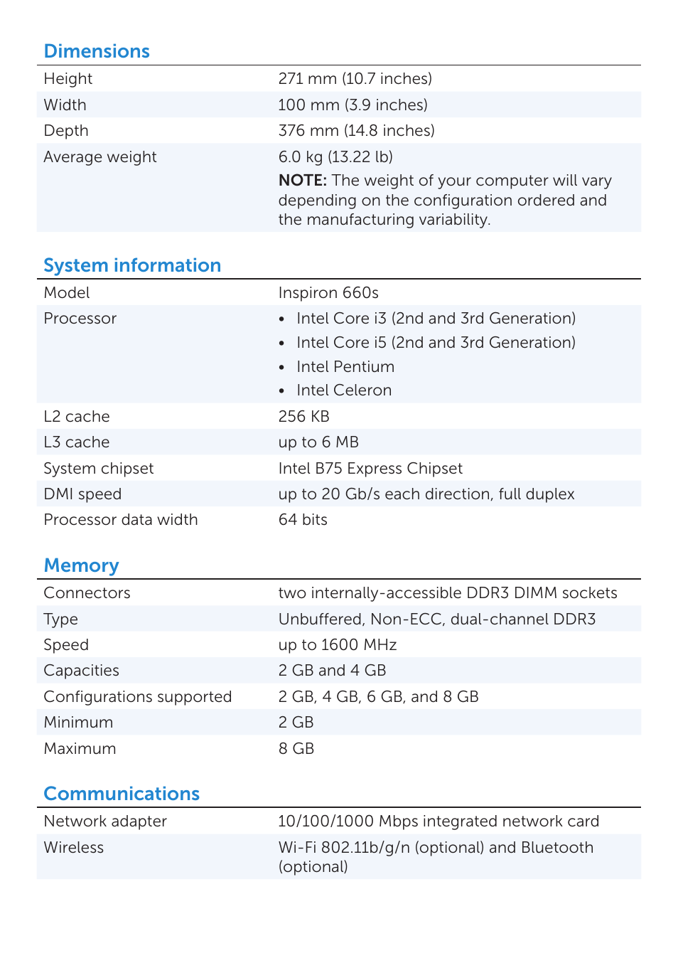 Dimensions, System information, Communications | Dell Inspiron 660s (Early 2012) User Manual | Page 2 / 5