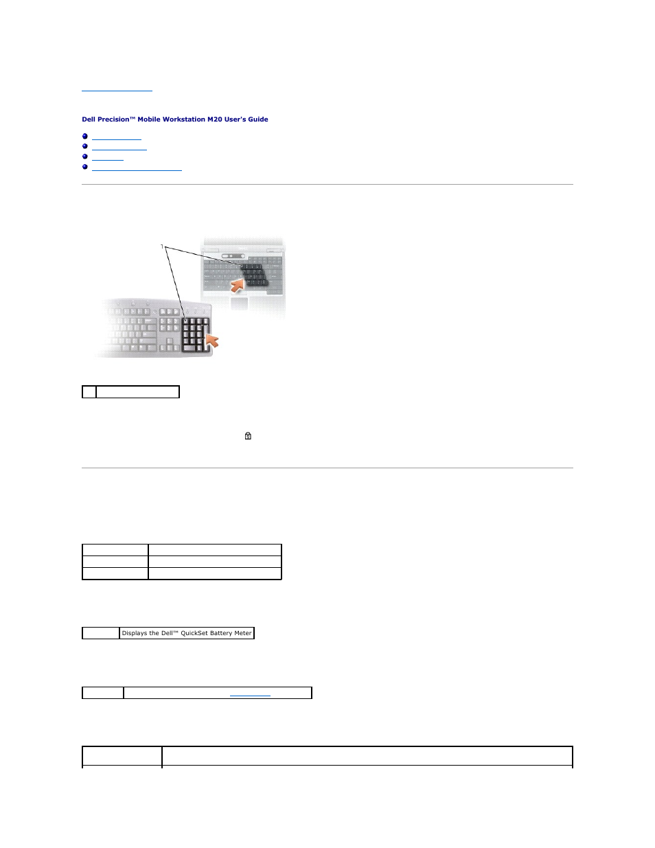 Using the keyboard and touch pad, Numeric keypad, Key combinations | System functions, Battery, Cd or dvd tray, Display functions | Dell Precision M20 User Manual | Page 58 / 115