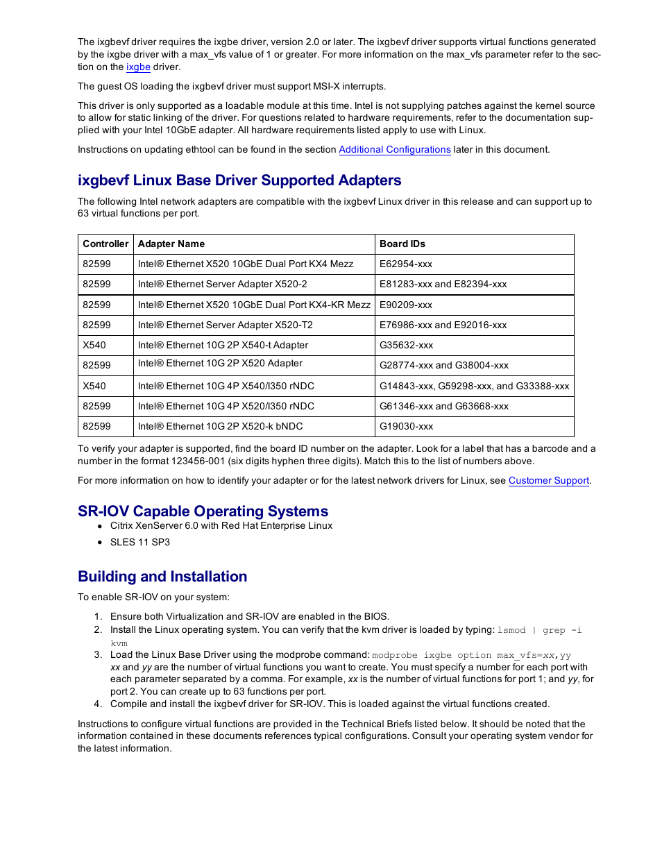 Ixgbevf linux base driver supported adapters, Sr-iov capable operating systems, Building and installation | Dell Intel PRO Family of Adapters User Manual | Page 104 / 153