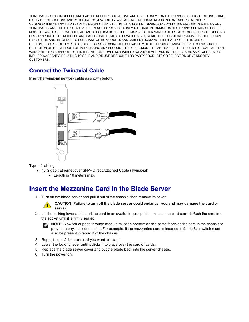 Insert the mezzanine card in the blade server, Connect the twinaxial cable | Dell Intel PRO Family of Adapters User Manual | Page 11 / 153