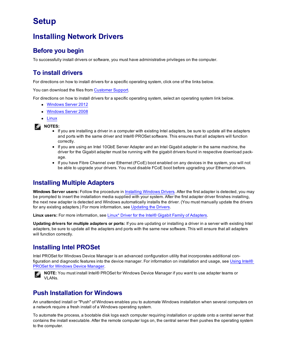 Setup, Installing network drivers, Install the network drivers | Before you begin, Installing multiple adapters, Installing intel proset, Push installation for windows | Dell Intel PRO Family of Adapters User Manual | Page 12 / 153