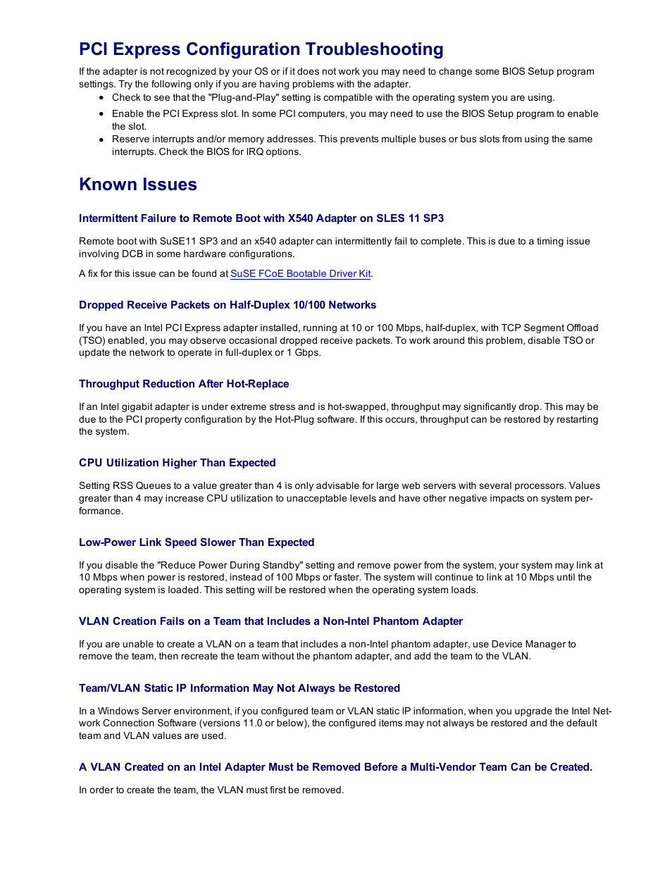 Pci express configuration troubleshooting, Known issues | Dell Intel PRO Family of Adapters User Manual | Page 120 / 153