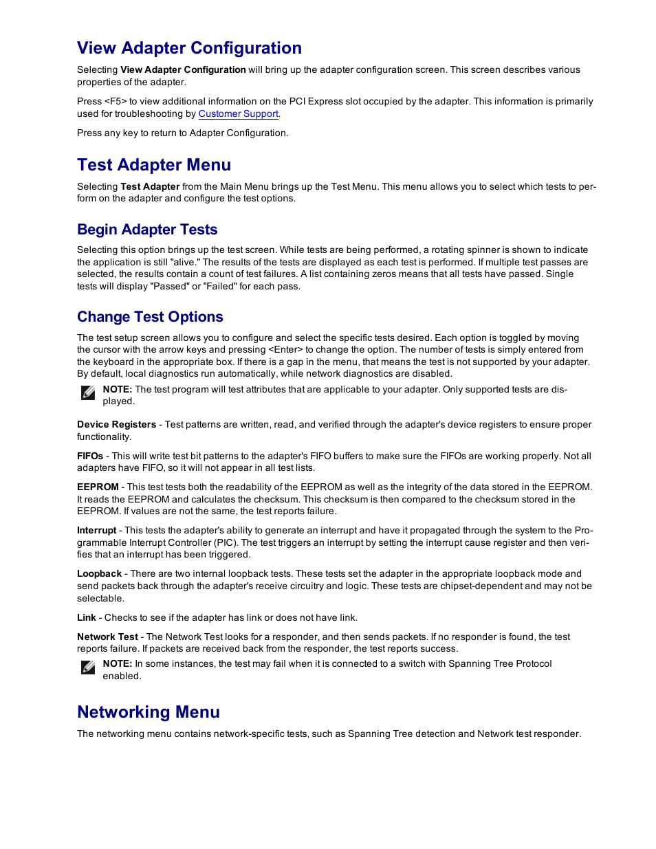View adapter configuration, Test adapter menu, Networking menu | Begin adapter tests, Change test options | Dell Intel PRO Family of Adapters User Manual | Page 132 / 153