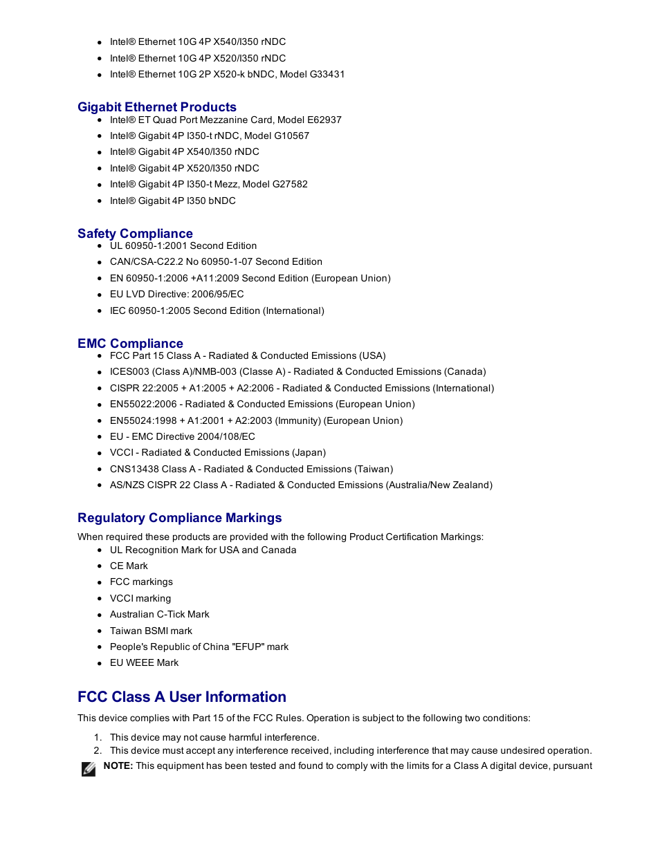 Fcc class a user information, Gigabit ethernet products, Safety compliance | Emc compliance, Regulatory compliance markings | Dell Intel PRO Family of Adapters User Manual | Page 135 / 153
