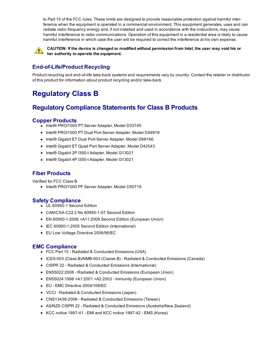 Regulatory class b, Class b regulatory statements, End-of-life/product recycling | Copper products, Fiber products, Safety compliance, Emc compliance | Dell Intel PRO Family of Adapters User Manual | Page 136 / 153