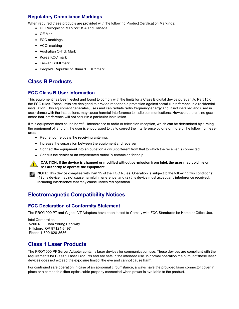 Class b products, Electromagnetic compatibility notices, Class 1 laser products | Regulatory compliance markings, Fcc class b user information, Fcc declaration of conformity statement | Dell Intel PRO Family of Adapters User Manual | Page 137 / 153