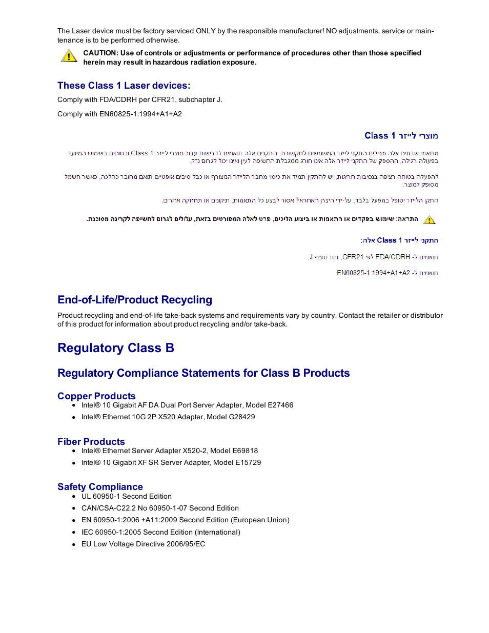 Regulatory class b, Class b regulatory statements, End-of-life/product recycling | These class 1 laser devices, Copper products, Fiber products, Safety compliance | Dell Intel PRO Family of Adapters User Manual | Page 138 / 153
