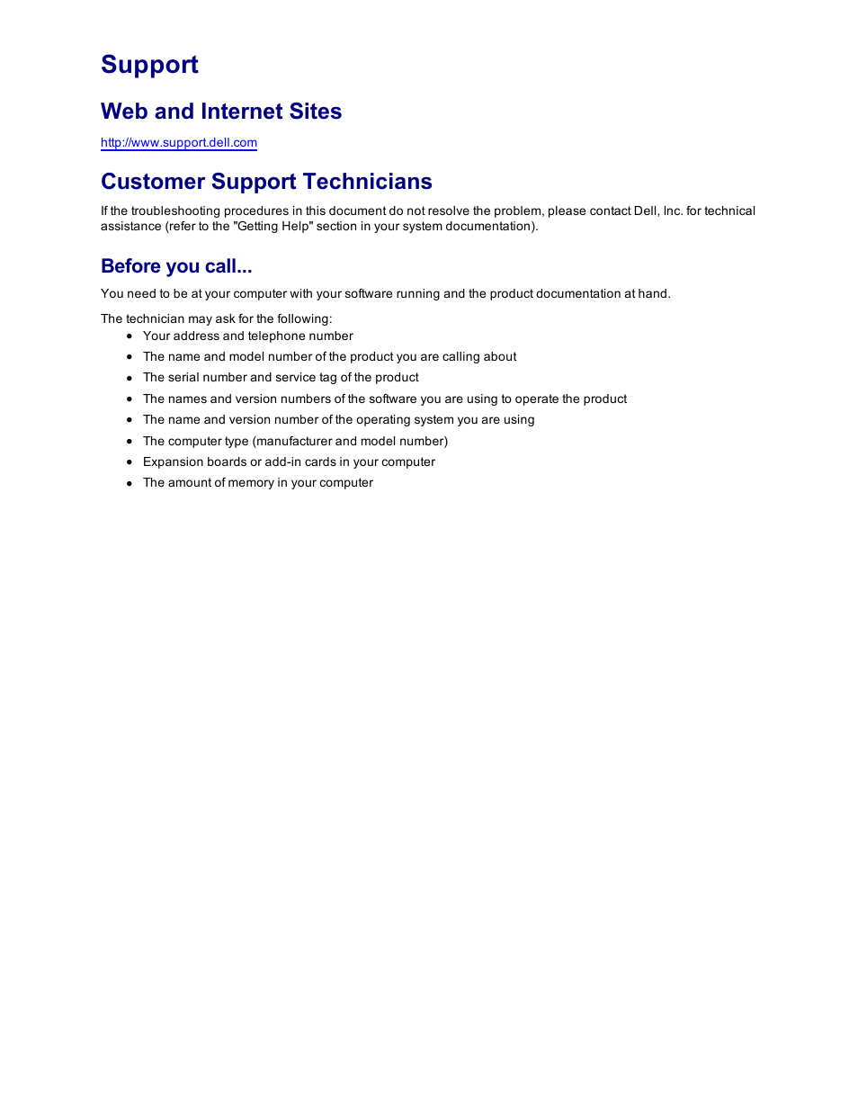 Support, Web and internet sites, Customer support technicians | Customer support, Before you call | Dell Intel PRO Family of Adapters User Manual | Page 141 / 153